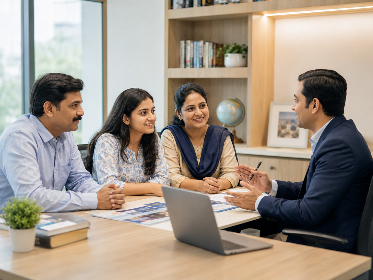 Indian student and parents discussing admission guidance with counsellor