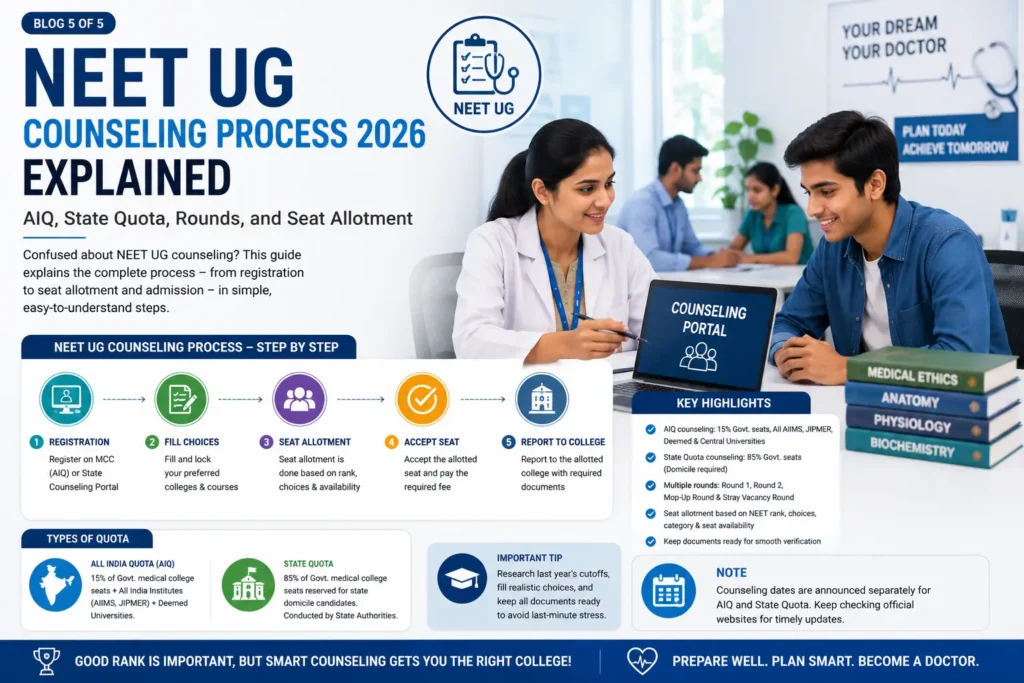 NEET UG Counseling Process 2026 Explained: AIQ, State Quota, Rounds, and Seat Allotment